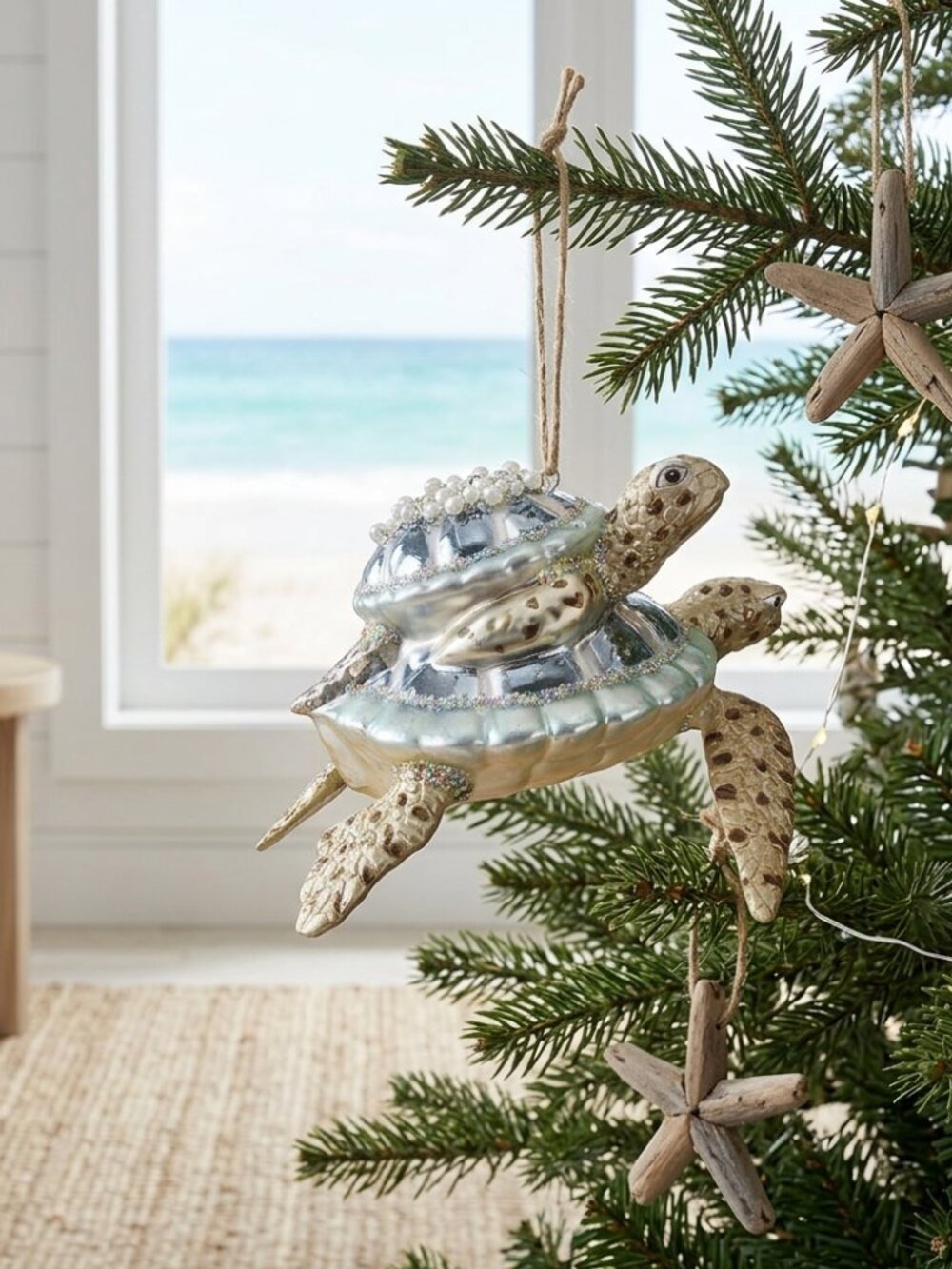 December Diamonds Sea Turtle Glass Christmas Ornament Pearl Glitter Blue Coastal